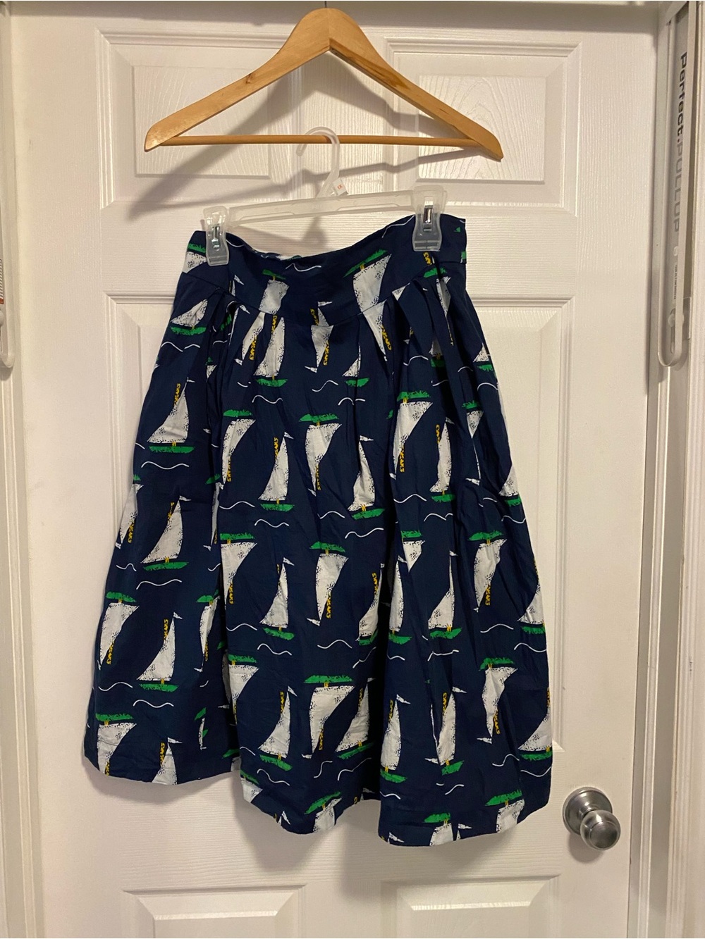 Navy Sailboat Print Pleated Cotton Skirt